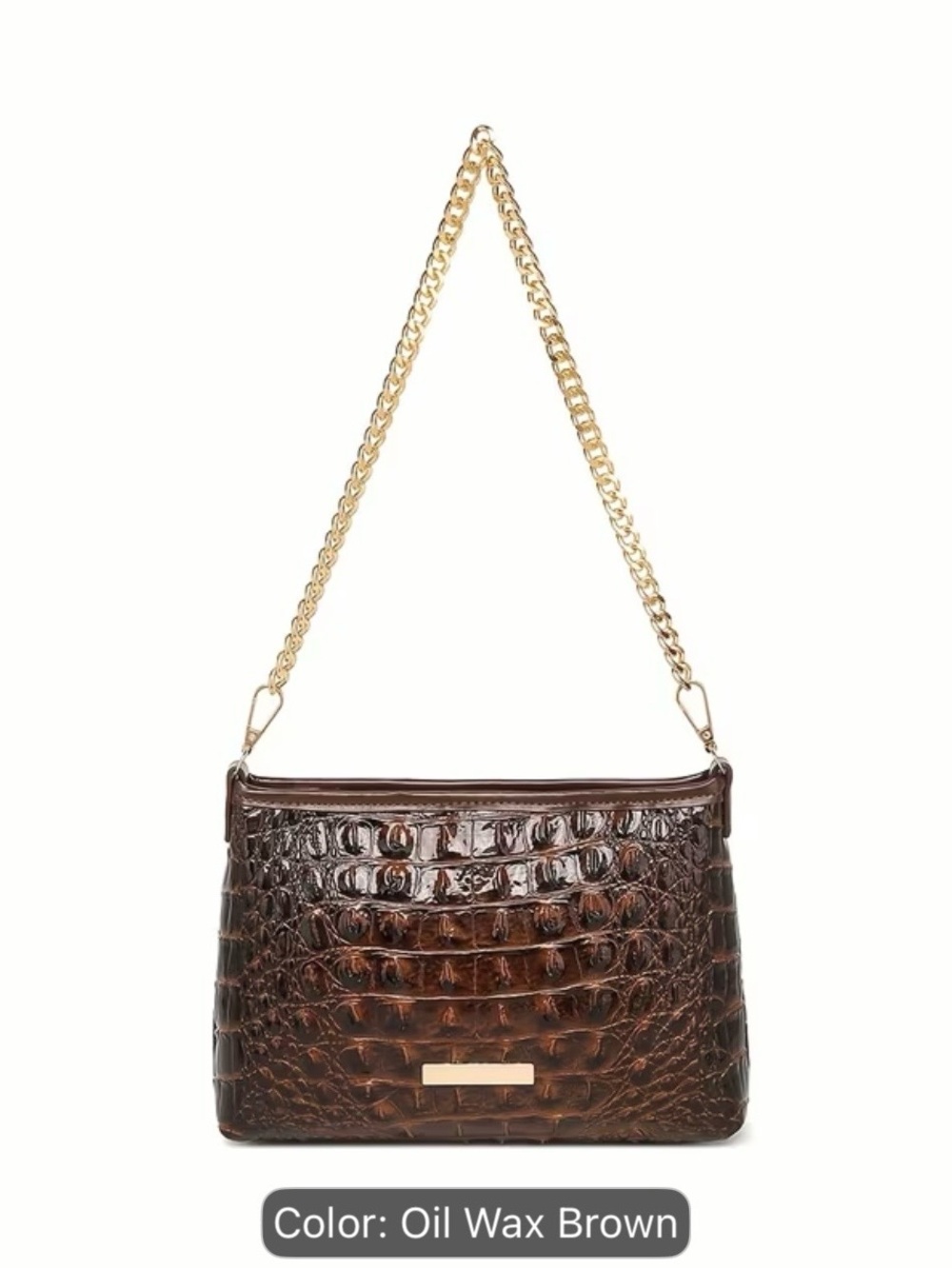 Oil Wax Brown Croc-Embossed Shoulder Bag with Stunning Gold Chain